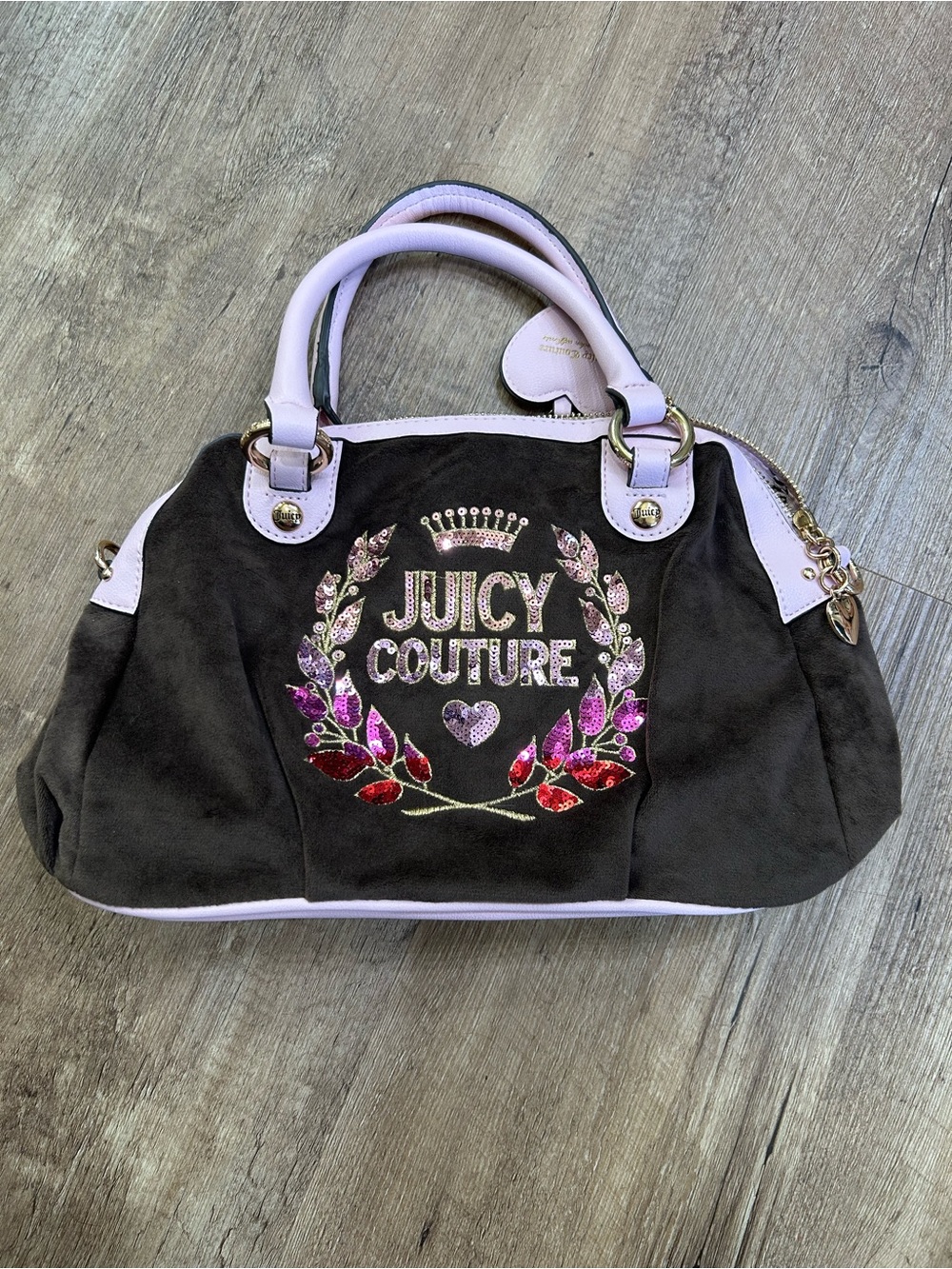 Juicy Couture Brown Satchel with Light Pink Trim & Multicolor Embellishment
